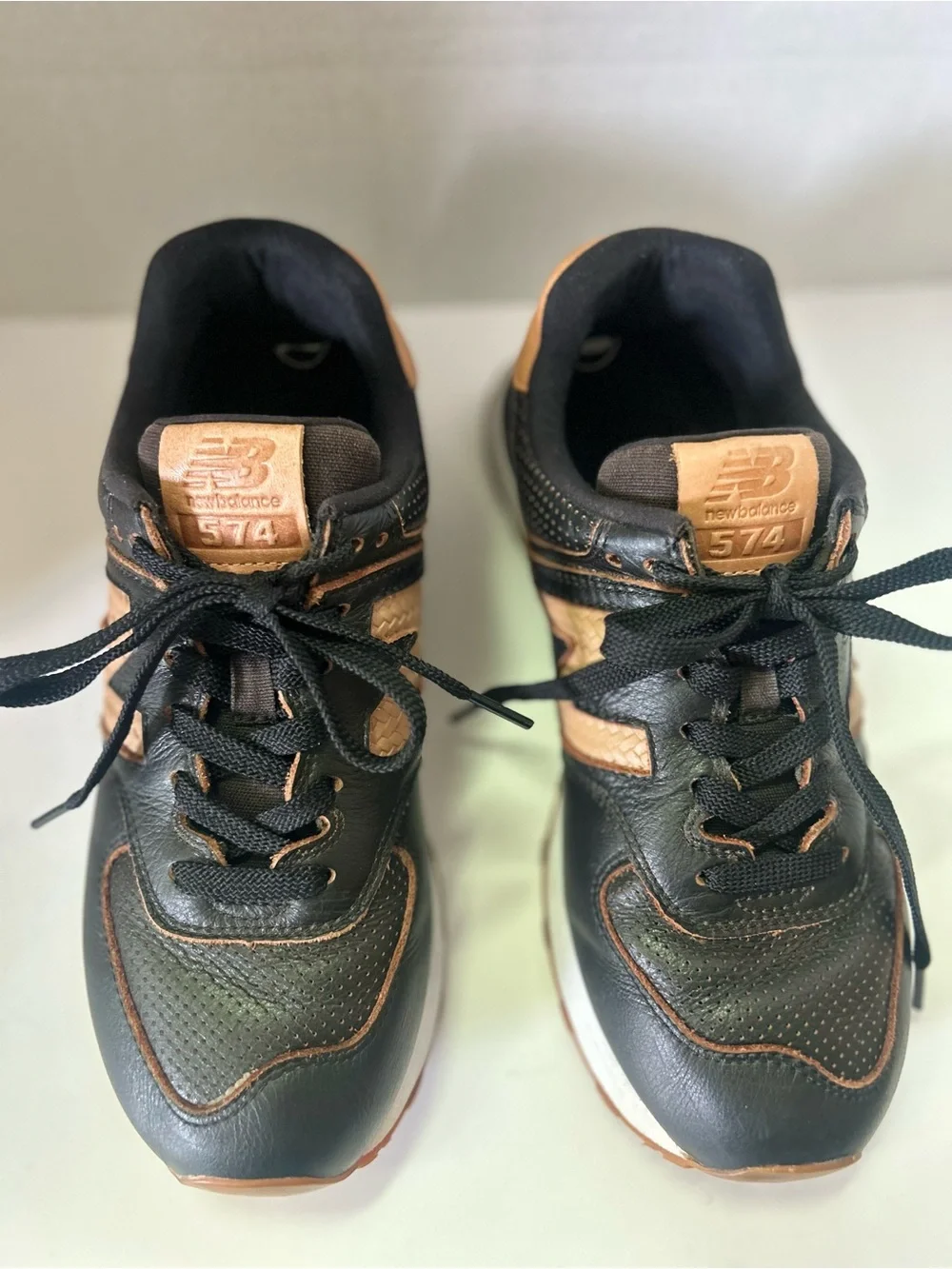 Rare New Balance 574 Leather Black Sneakers with Tan Leather Accents